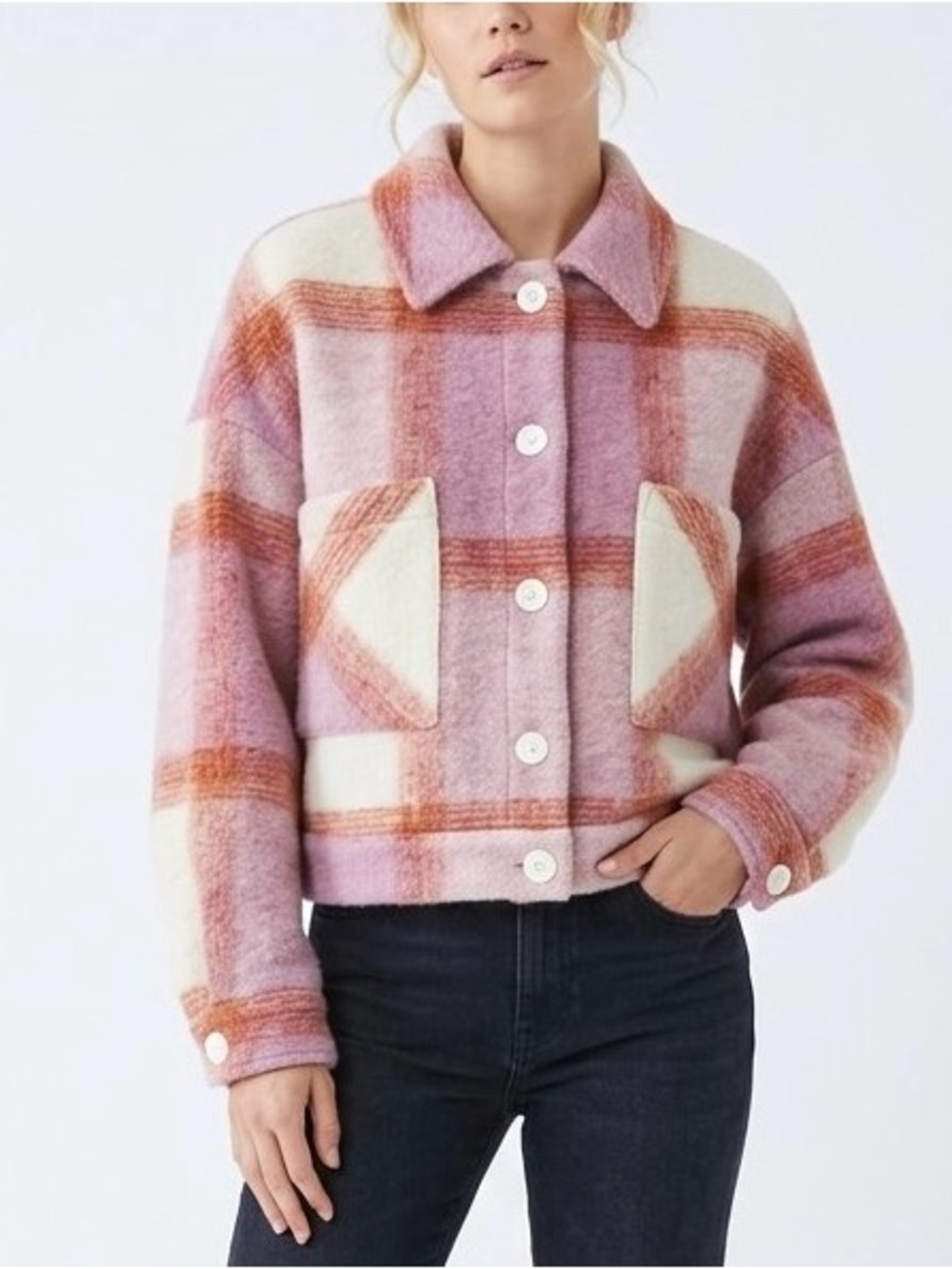 IRO Paris Lahiana Pink Cream Plaid Wool Blend Jacket Sz 40 NWOT